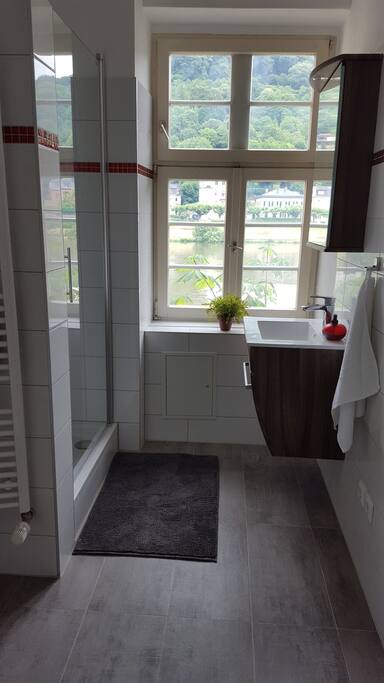 new bathroom with toilette power shower heated towel rail.
