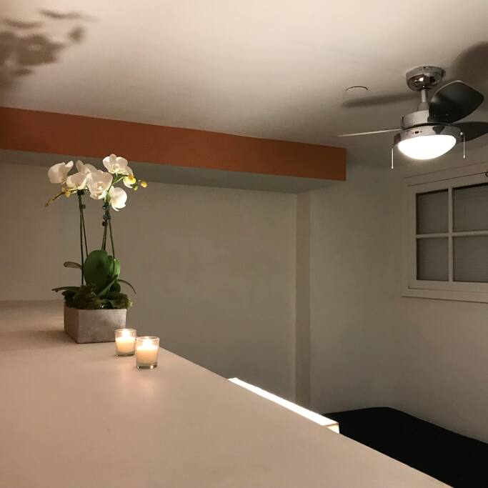 Orchid /ceiling fan in the bedroom