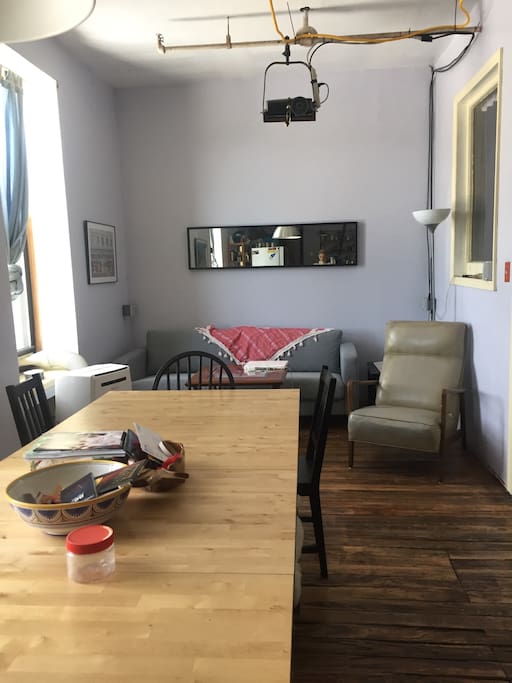 Projector, huge dining table.