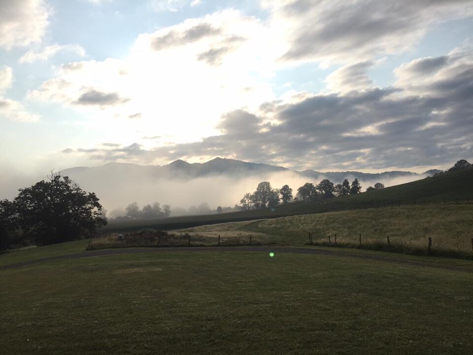 A serene landscape features rolling hills under a soft, cloud-filled sky. The distant mountains are partially shrouded in mist, with patches of green grass in the foreground. The scene captures the tranquility of nature, creating a peaceful and inviting atmosphere.