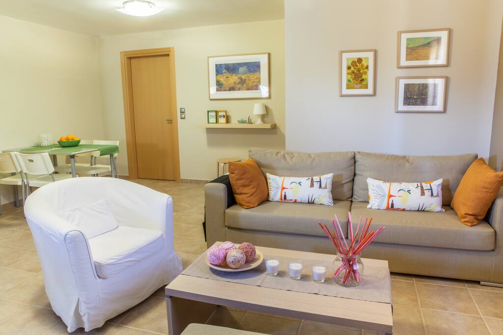 The lounge area in our villa in Pyriotika