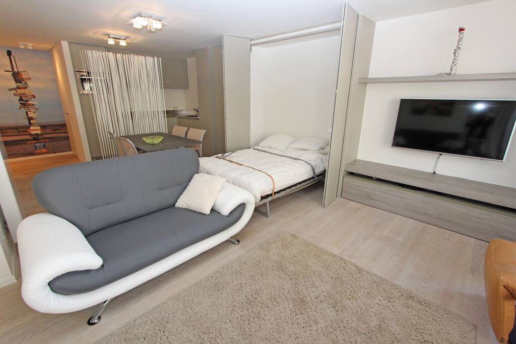 Inklapbaar dubbelbed in living - weggetoverd in een handomdraai - zo biedt living een maximale breedte .