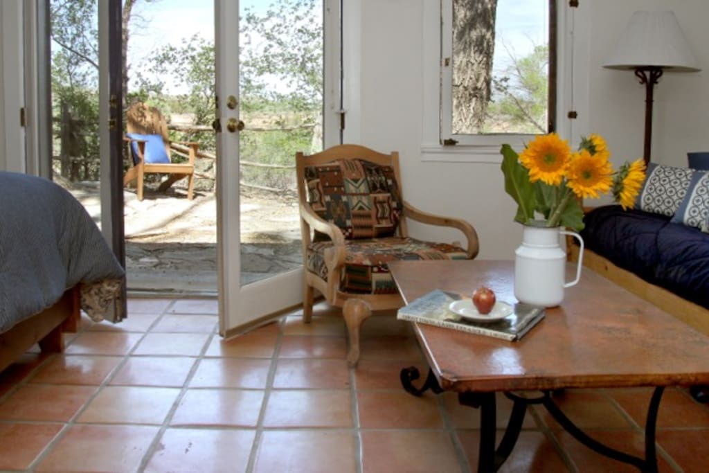 French doors face the evening sunset.