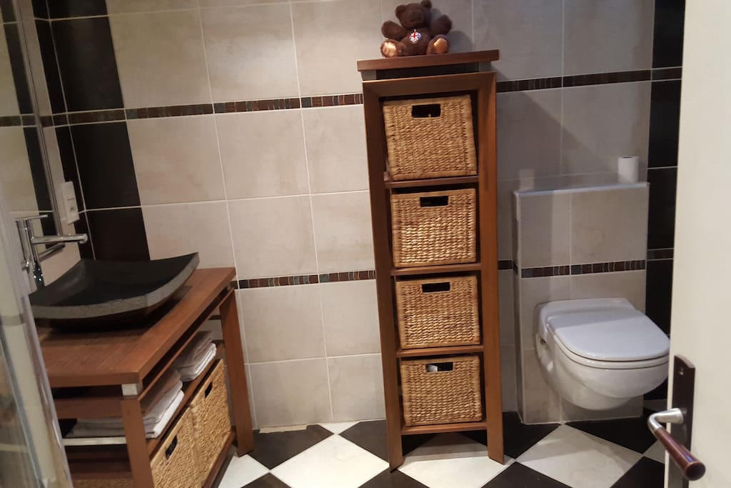 Salle de bain avec douche, wc et lavabo