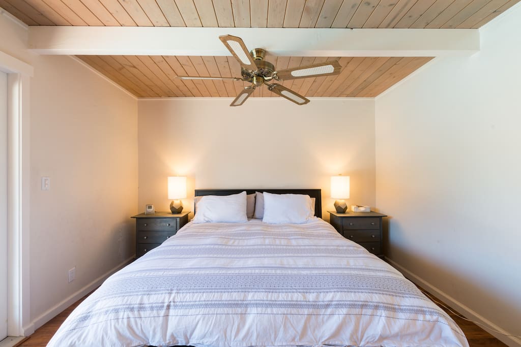 master bedroom w/ cal king bed and french doors to backyard