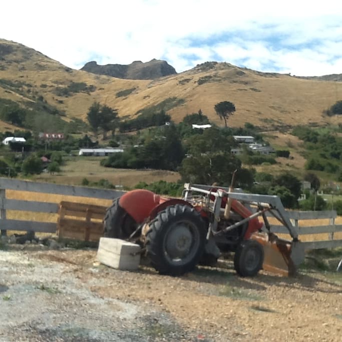 Manaia's Trevor the Tractor with surrounding hill views and farm paddocks which house the sheep and chickens