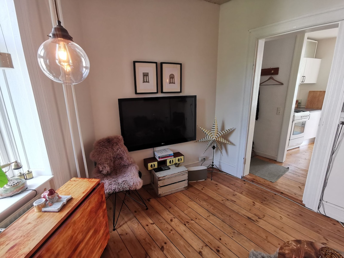 A corner of the living room showcases a wall-mounted television beneath two framed art pieces. A cozy chair with soft fur is positioned next to a wooden console. Light wood flooring adds warmth, while an open doorway reveals the kitchen area in the background.