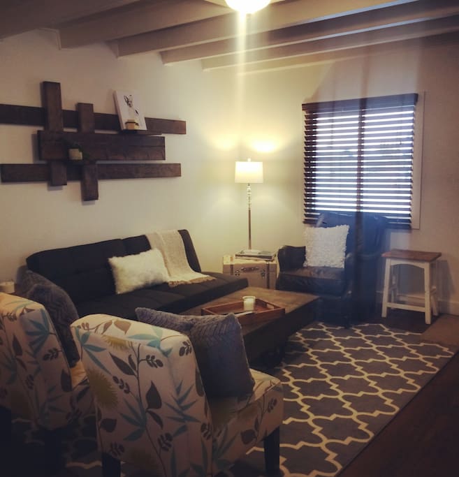 Modern living room with futon couch, internet, and flatscreen TV