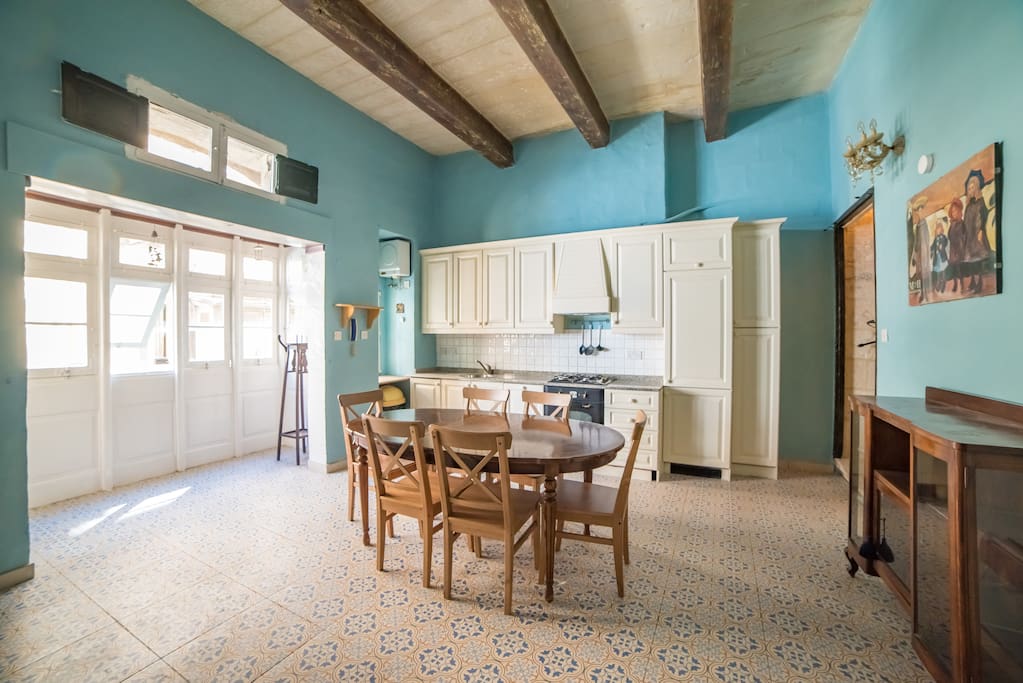 Kitchen on the second floor with the traditional Maltese balcony