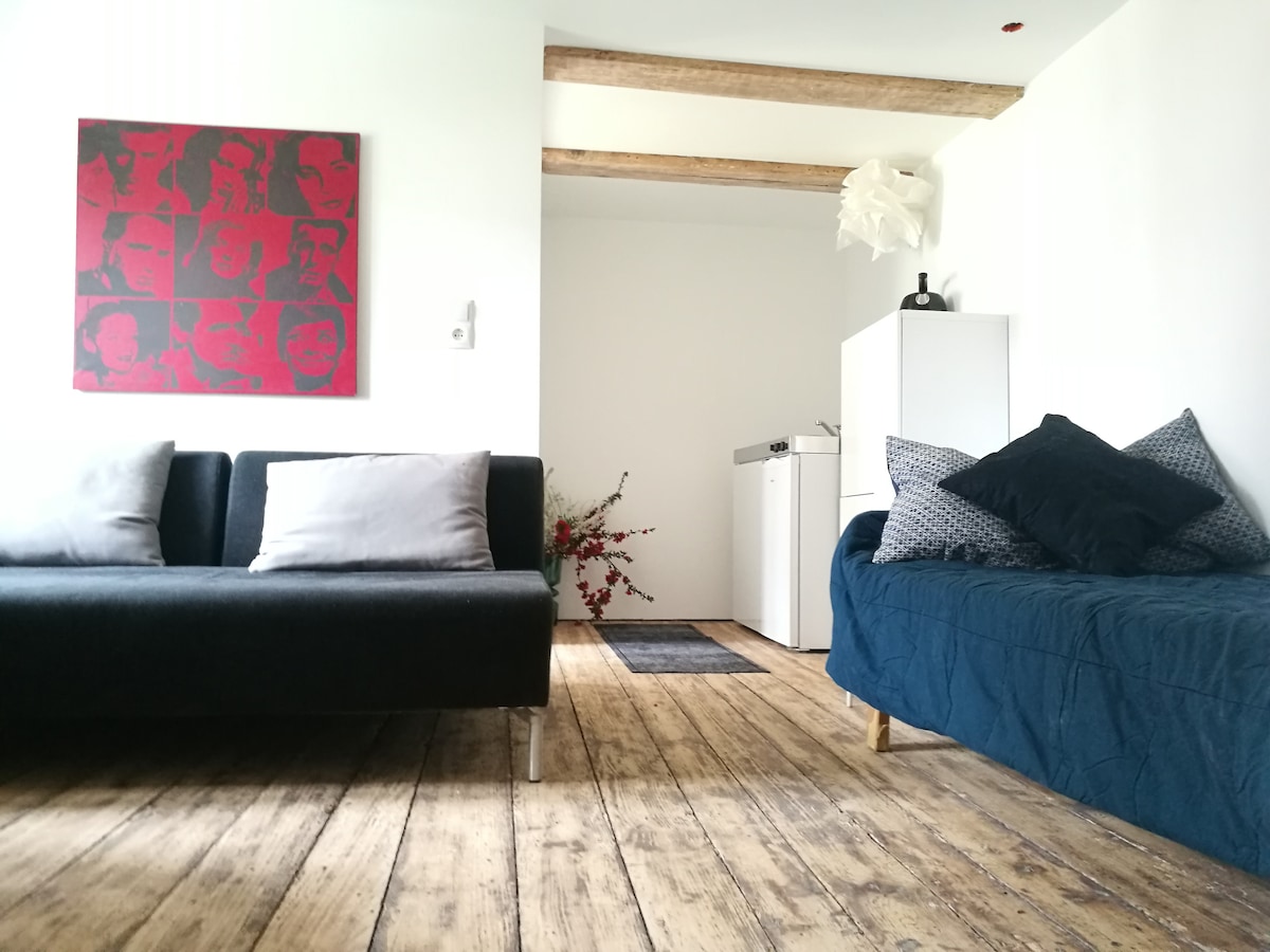 A comfortable living area features a dark sofa adorned with light pillows and a blue throw blanket. Exposed wooden beams line the ceiling, while a washing machine and storage unit are visible in the background. A colorful piece of wall art adds a touch of warmth.