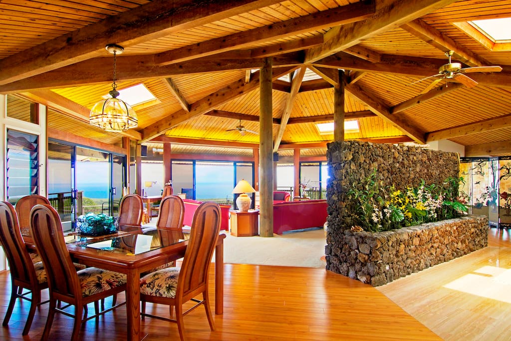 Sea Breeze living area with soaring ceilings, skylights and cupolas.