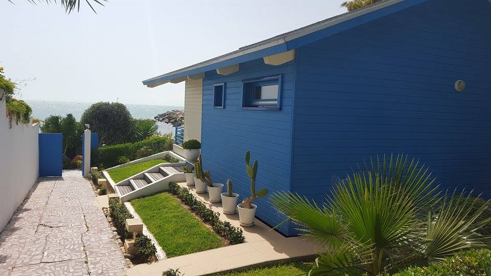 A blue and white house is depicted near the coastline, surrounded by lush greenery and potted plants. A stone pathway leads to the entrance, while the sea is visible in the background. The structure features large windows that enhance natural light.