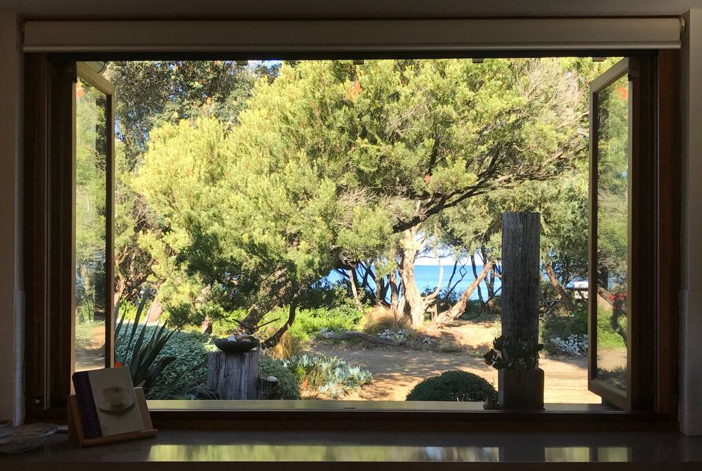 view to beach from kitchen window/bar