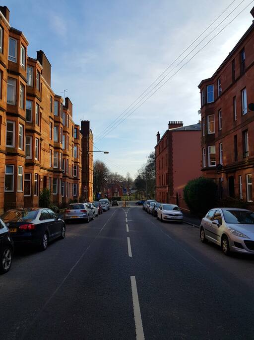 Facing down the street and free parking