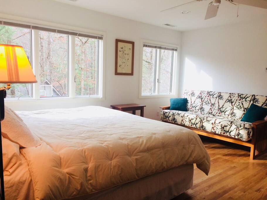 Luxurious King Size bed and comfortable futon which opens out to Queen Size Bed