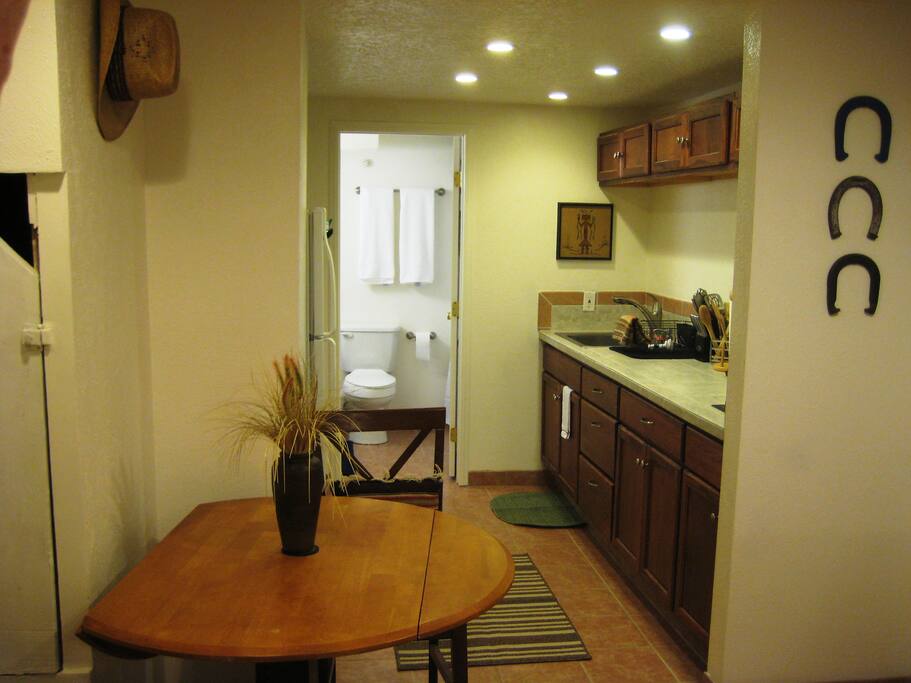 In the bed area looking towards the kitchen and bathroom.