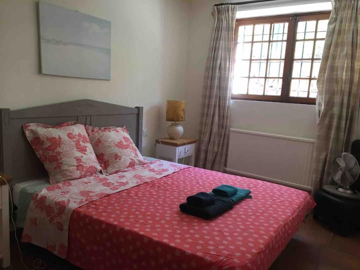 غرفة نوم مزدوجة في الطابق السفلي. سرير بحجم كوين 