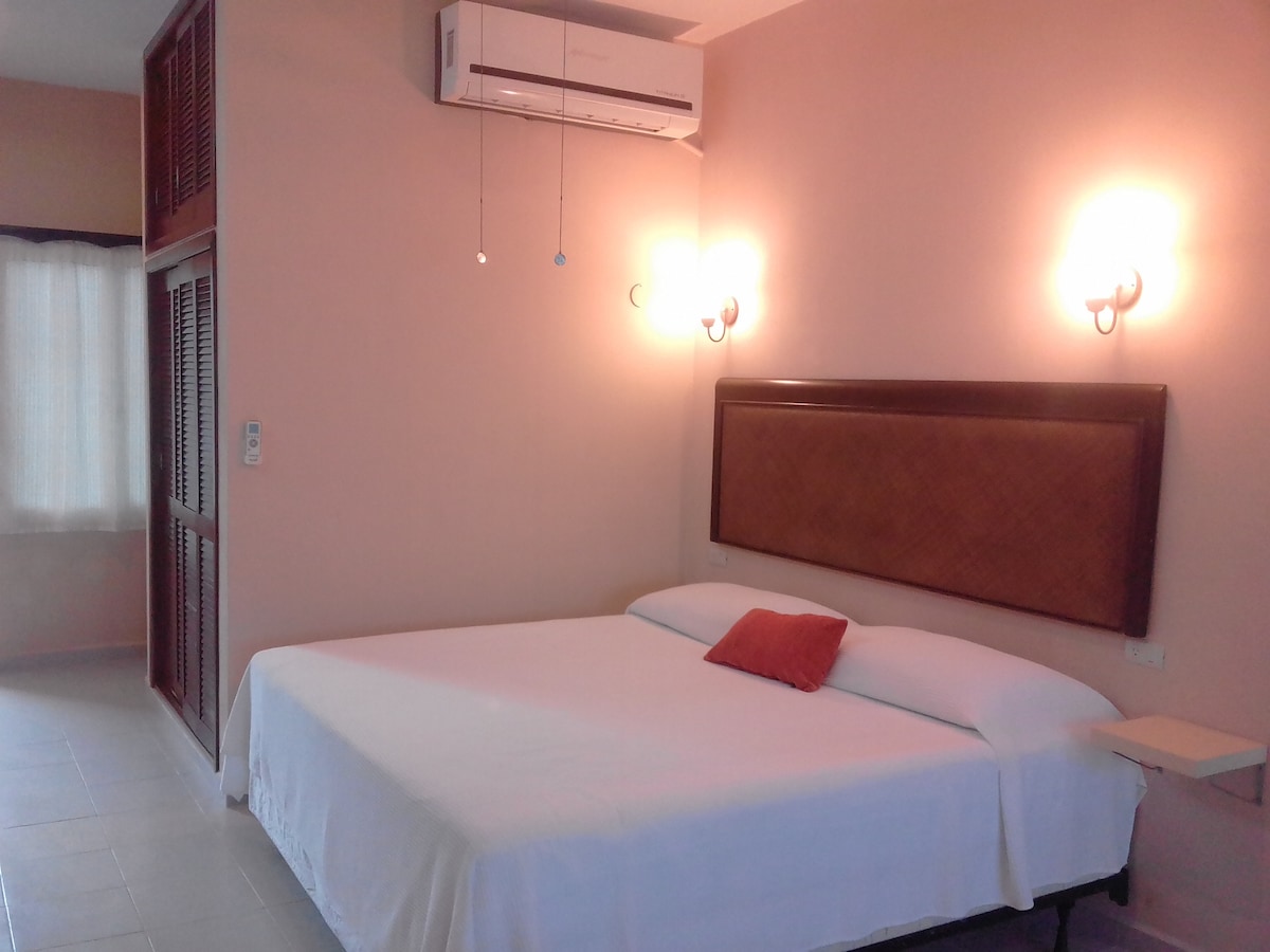 Studio #5 k. formaat bed en slaapbank, balkon en uitzicht op de oceaan.