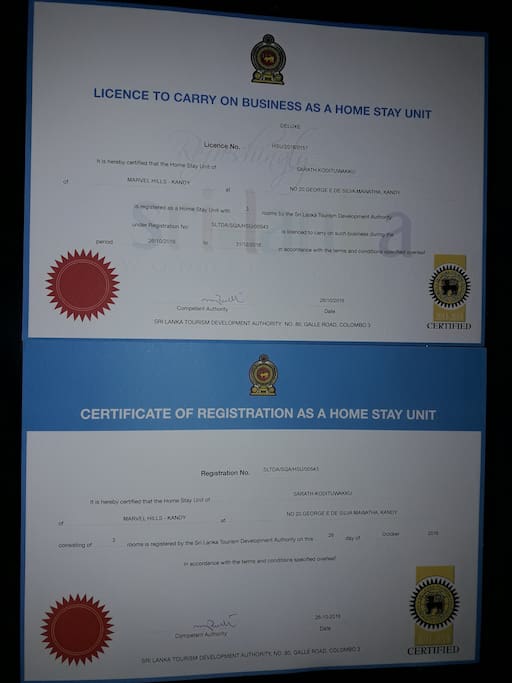 Certificate of Registration with Tourist Board of Sri Lanka as a Home Stay under Category of DELUXE