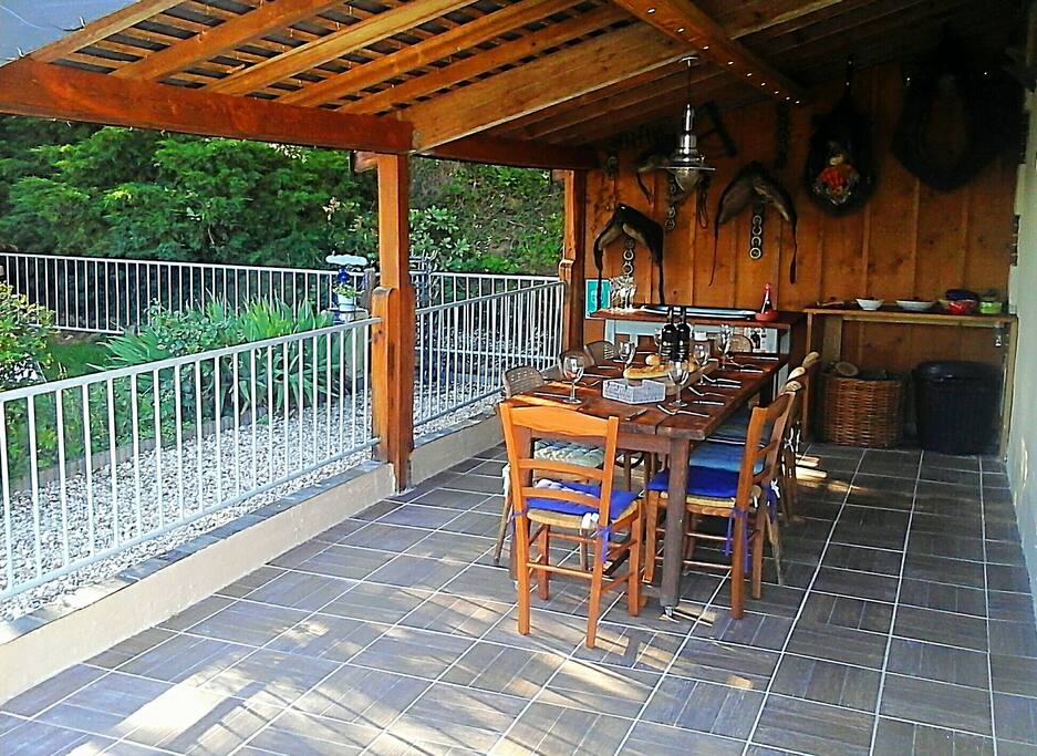 outside eating area with lighting and electricity