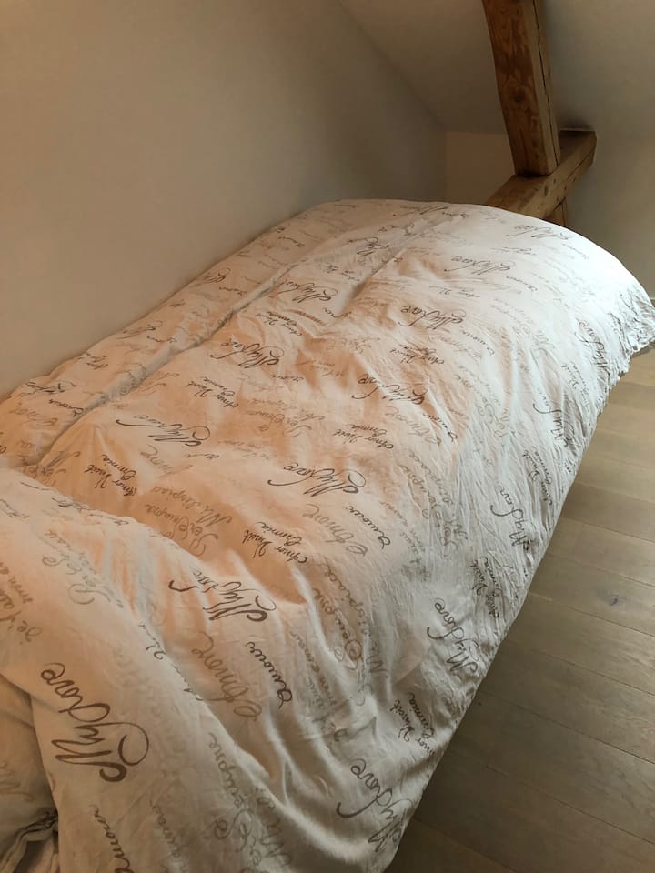 Poseer (no el mío) colchón superior, ropa de cama, sábanas, almohadas de alta calidad.  
Edredón de plumas adecuado tanto para verano como para invierno.  Se muestra aquí para el invierno.
Por supuesto, la ropa de cama siempre está limpia y fresca a tu llegada. 
El colchón superior también se lava con frecuencia. 