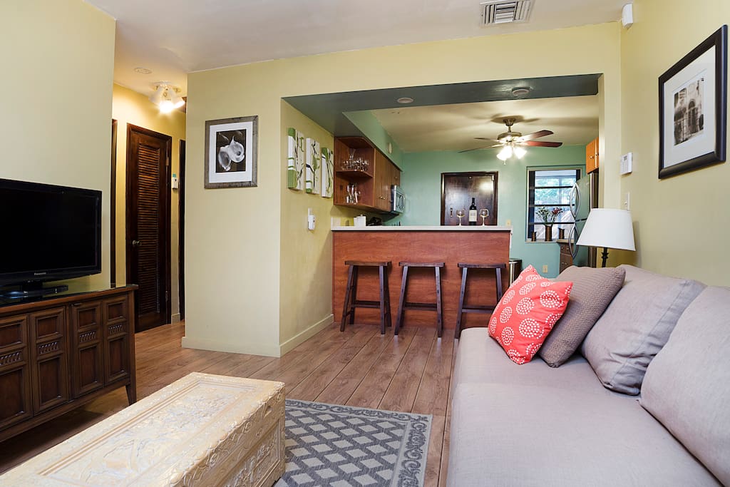 Cable TV, wireless Internet, breakfast bar and a seriously comfy couch.