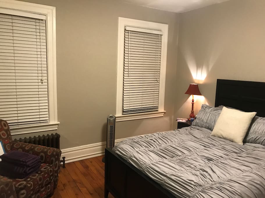Guest bedroom includes Queen size Broadway Platform Bed with sofa couch. Central heating is provided through the bedroom for the winter.