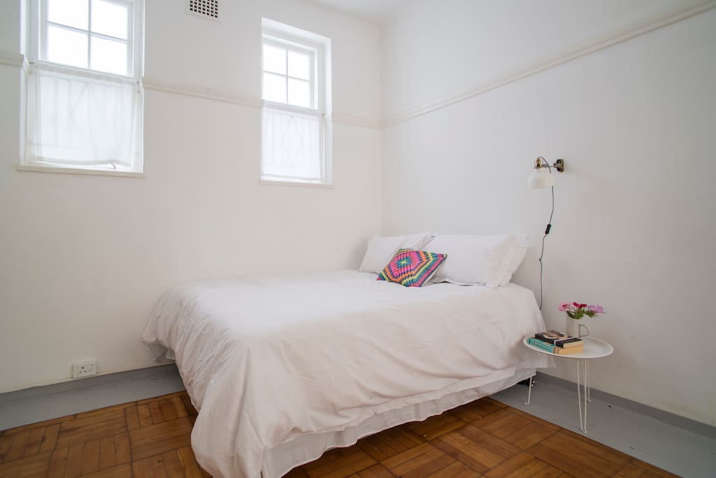 Queen size bed with good quality mattress and bed linen.