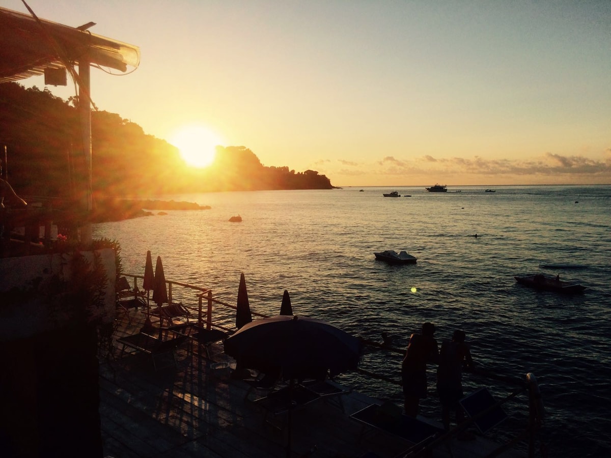 The sun begins to rise over a tranquil sea, creating a gentle orange glow on the water. Silhouettes of boats can be seen floating calmly, while lounge chairs and umbrellas line the shore, inviting relaxation and enjoying the serene coastal view.