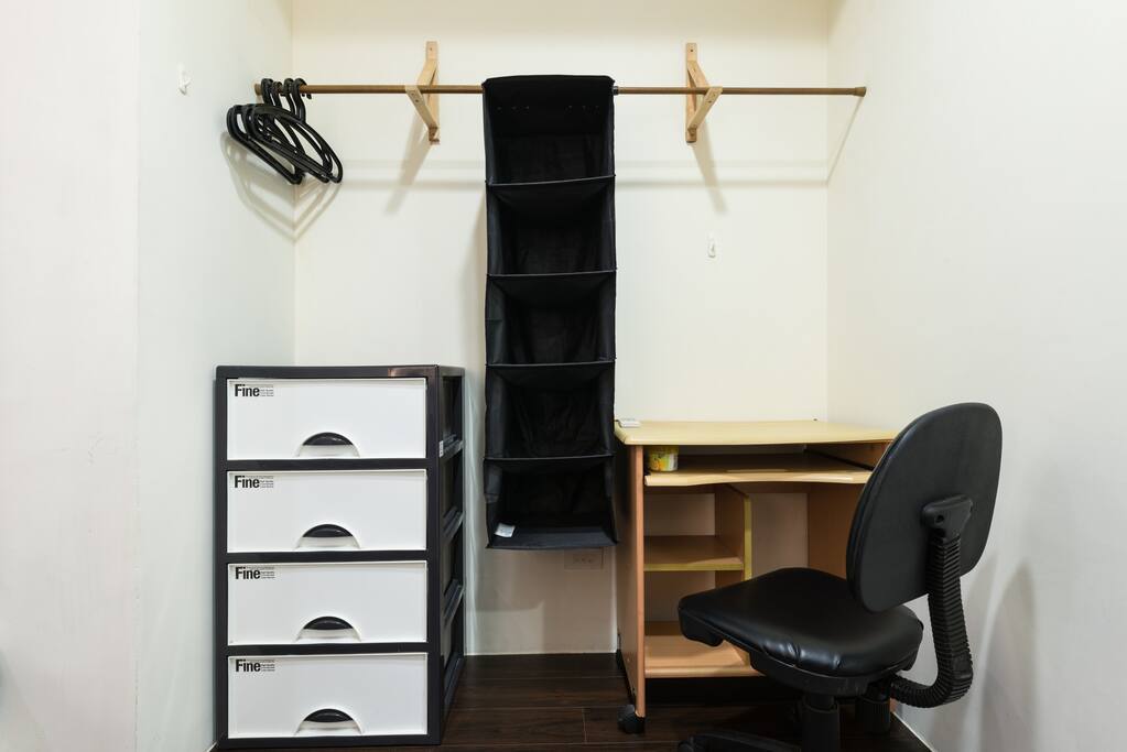Drawers, desk and chair