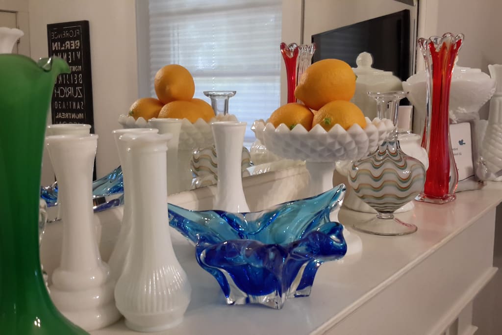 Milk Glass on Fireplace Mantel