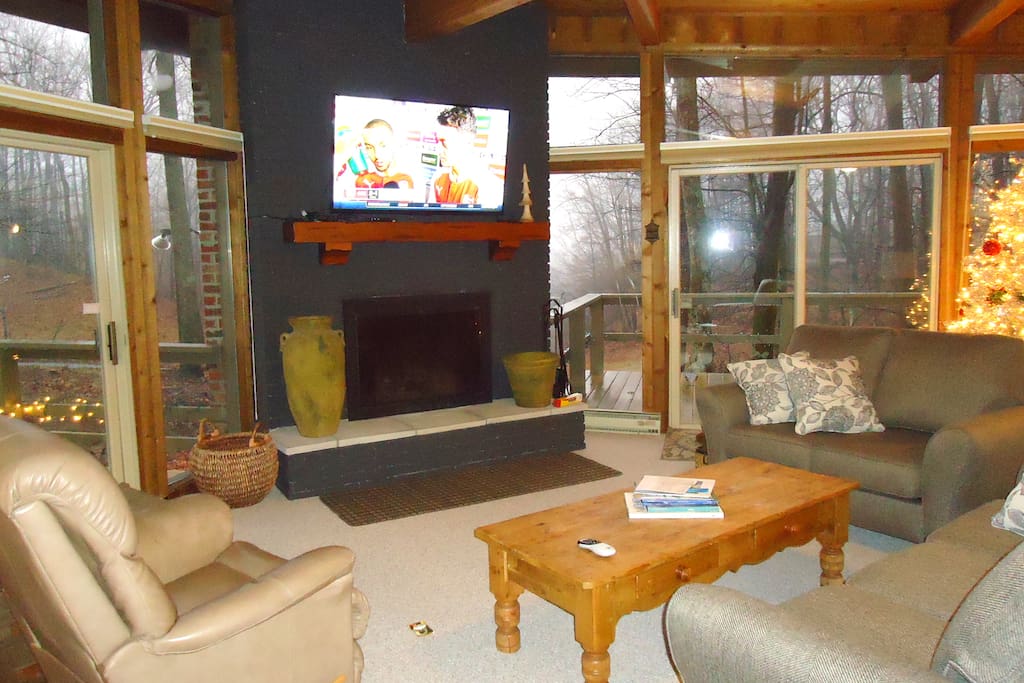 Living Room - Fireplace, Large Screen with Satellite