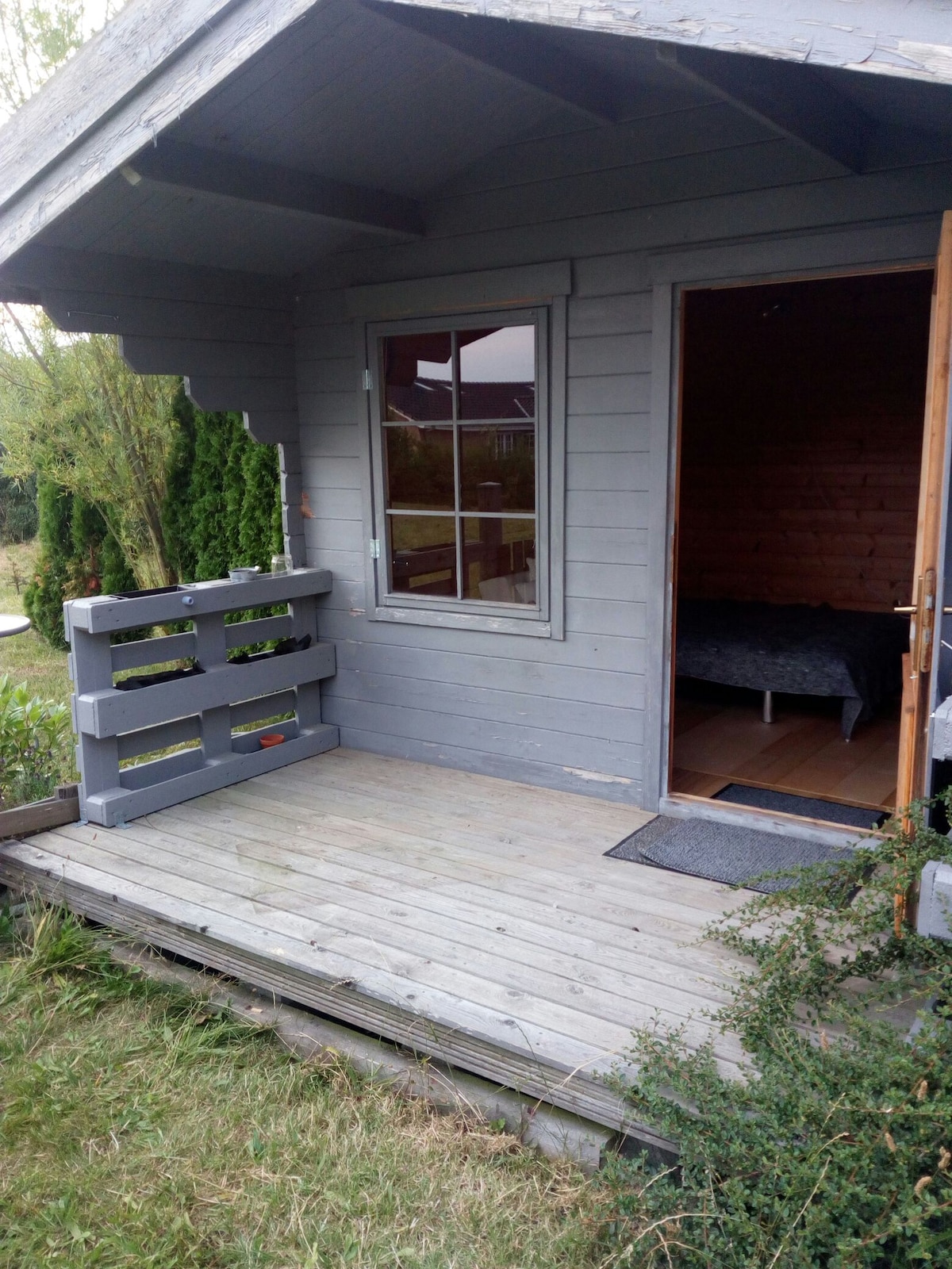 A simple wooden cabin features a small front porch with a gray railing, inviting entry into the interior. A single window allows natural light to enter, showcasing the surrounding greenery and hints of an untamed garden beyond.
