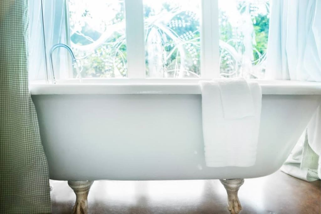 clawfoot tub overlooking the back fields
