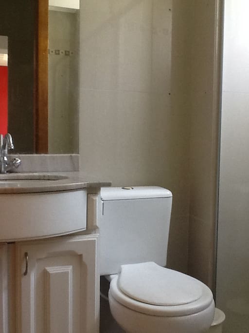Banheiro completo com Box, porta de correr, espelho e chuveiro elétrico, piso de porcelanato.