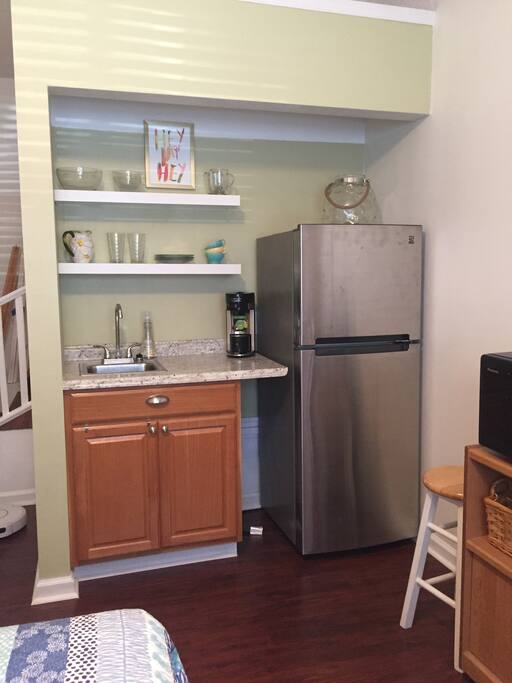 Kitchenette with K-cup coffee maker, microwave & refrigerator. Toaster oven upon request.