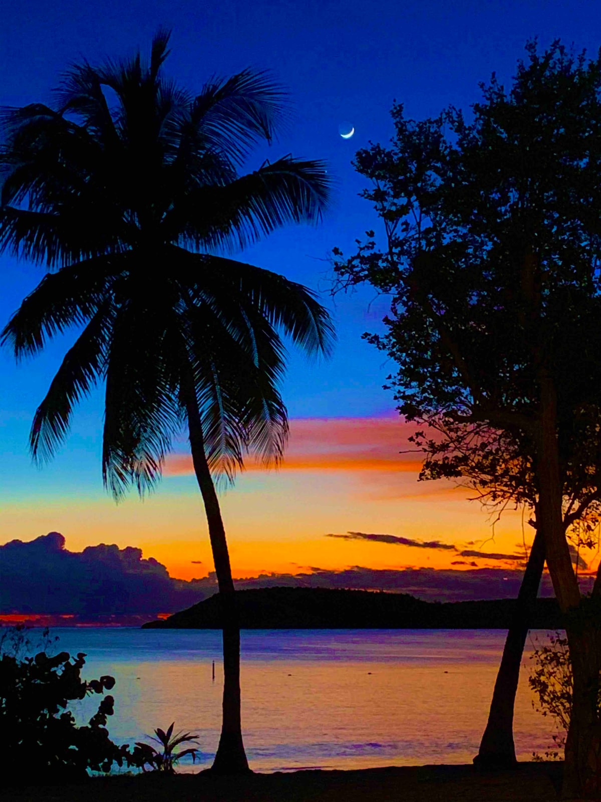 A serene beach scene at dusk showcases a gradient sky transitioning from deep blue to vibrant orange and purple. Silhouettes of palm trees frame the view, while the moon is visible above a distant island. Gentle waves are seen lapping at the shore.