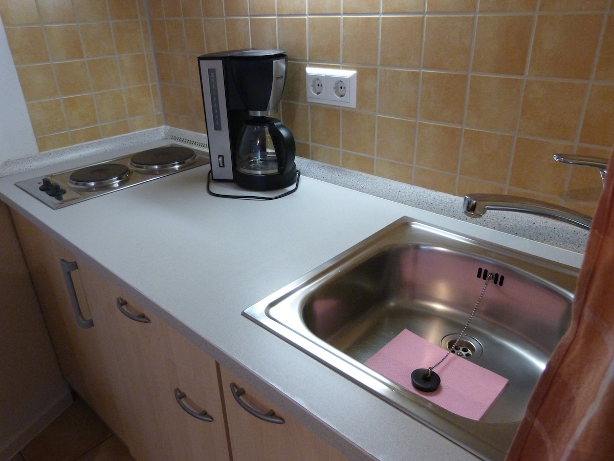 A compact kitchen features a silver sink with a pink dishcloth laid inside. A coffee maker sits next to the two electric burners, all set against a backdrop of beige tiled walls and a smooth countertop.