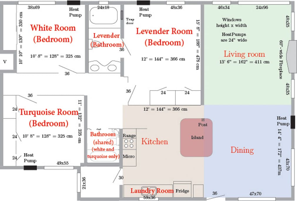 Gillespie House Floor Plan. It is a 1200+ sq. ft. house! Don't get lost! This shows both the private areas of this room and the shared areas of the house.