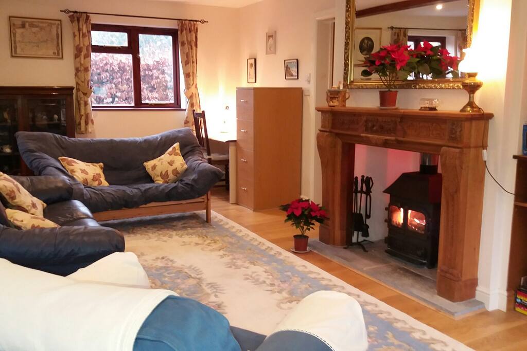 Large lounge area with woodburner. Seating includes a double futon