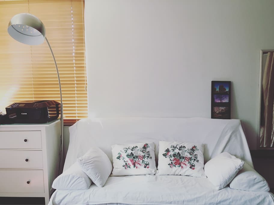 Sofabed/Couch, reading light, and wireless scanner/copy/printer. The bottom drawer is cleared for guest.
