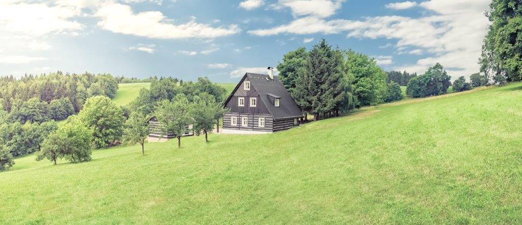A spacious chalet with a dark-colored wooden exterior is situated on a grassy slope, surrounded by lush greenery. Tall trees frame the property, while a clear blue sky with scattered clouds enhances the serene landscape.