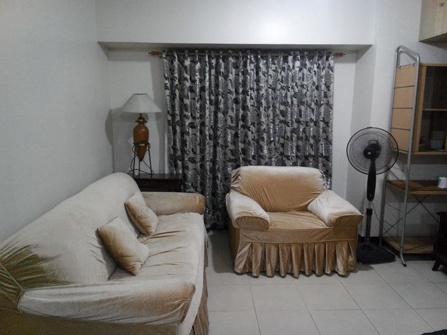 Sofas in the living room, book shelf and hanging cabinets for additional storage for long term tenants.