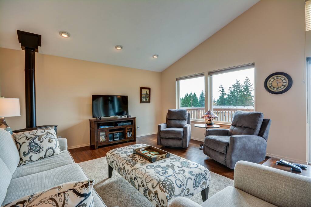The gas stove in the corner keeps the room warm.