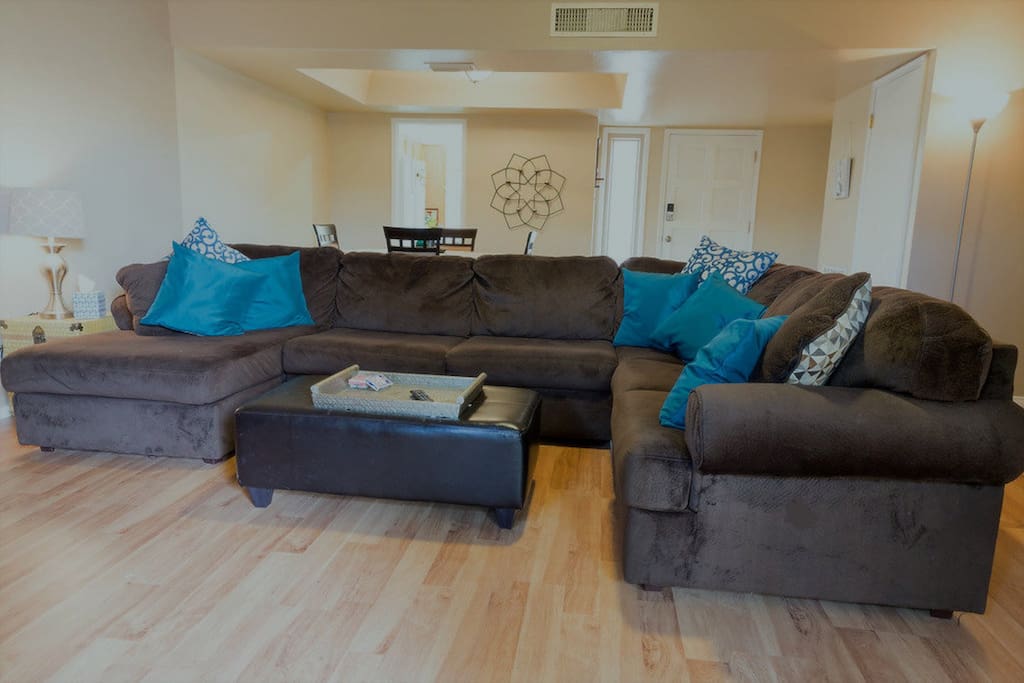 Very comfortable couches in open floor plan.