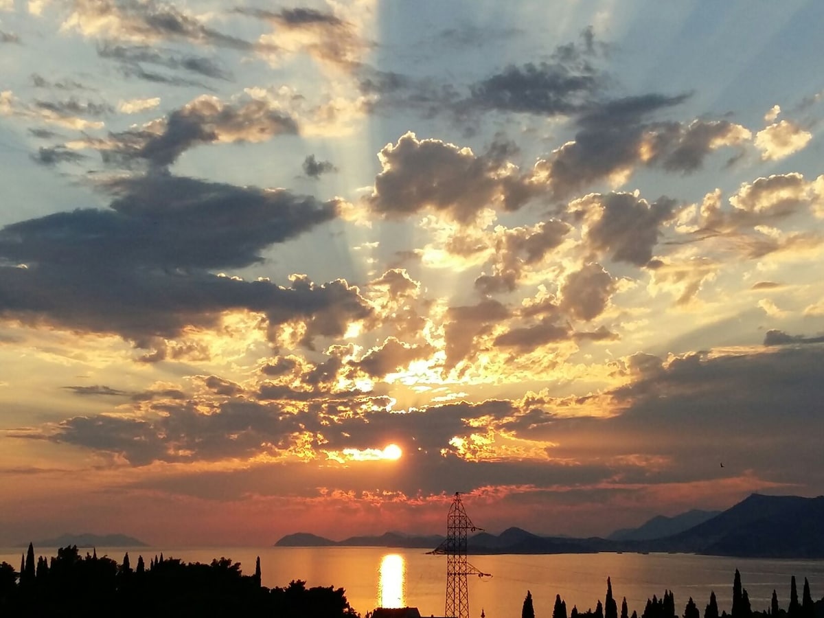 A stunning sunset is captured over the water, with rays of light radiating through the clouds. Silhouetted tree tops and a distant power line create a contrasting foreground against the vibrant colors reflected on the surface of the sea.