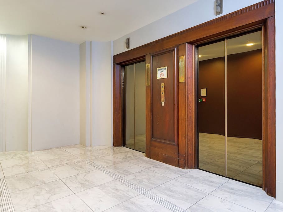 The elevator and marble flooring