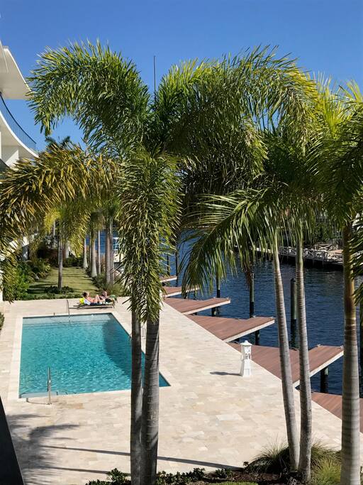 Looking down at pool from balcony