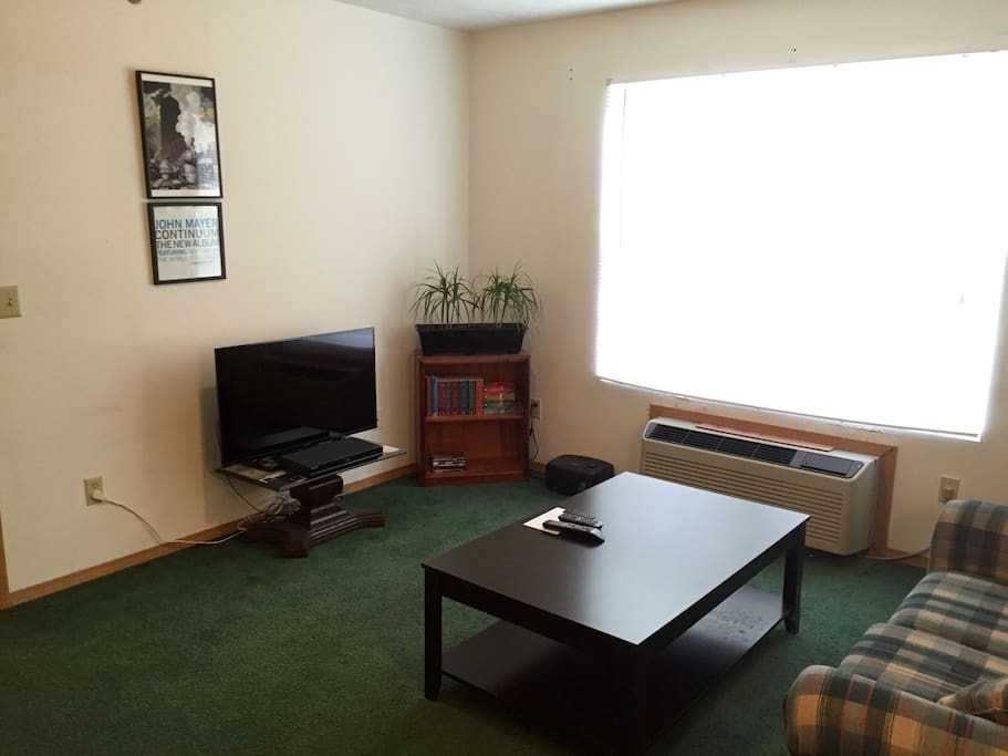 Sun-filled living room space, with Smart TV, Blu-Ray player, and plenty of books to read!
