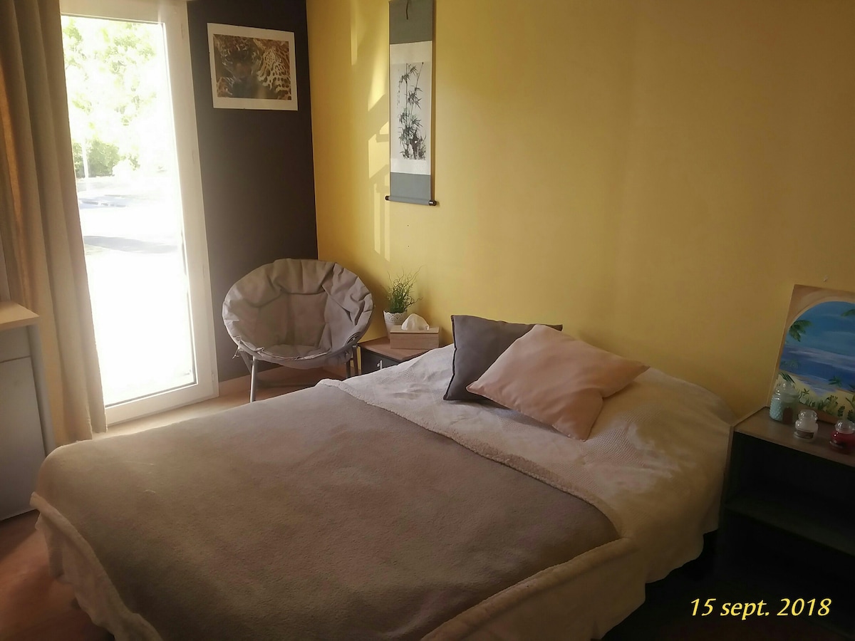 宽敞的主卧室，配有书桌和衣柜。地板上可以加一张床垫一人（非常温暖的木镶木地板）